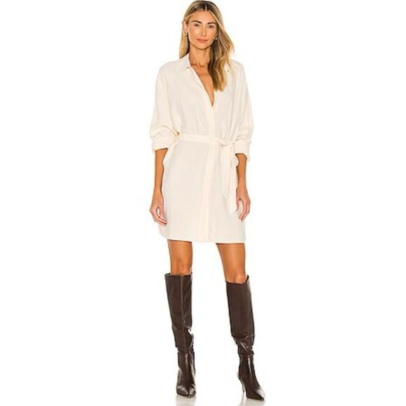 L’Academie Revolve Amalie Long Sleeve Belted Mini Shirt Dress NWT Beige Large - Picture 1 of 4